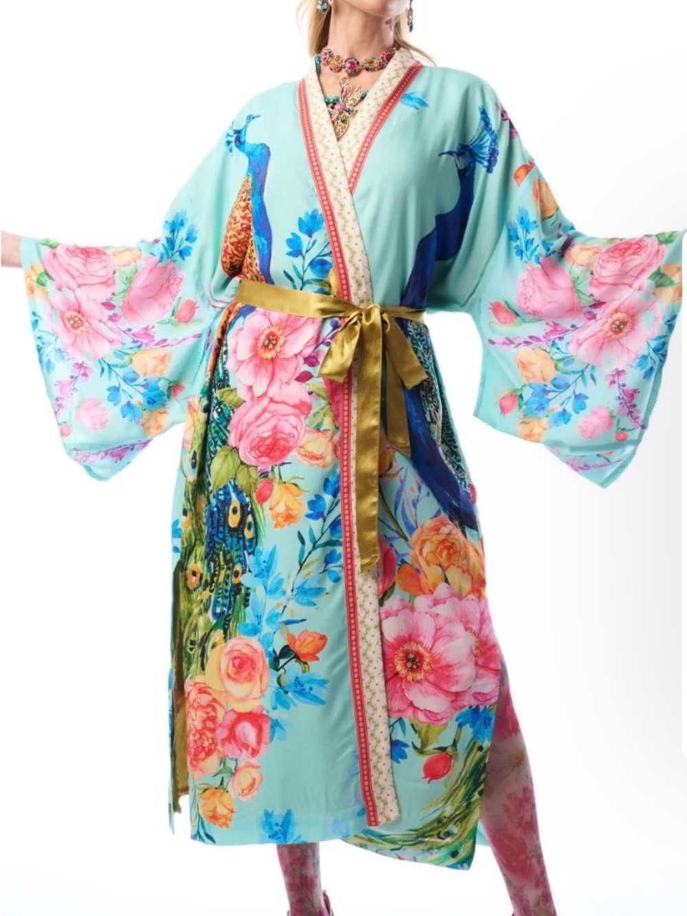 Aratta Floral Fantasy Kimono Robe in Aqua with Gold Trim Silent journey